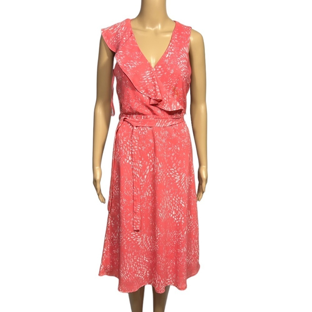 The limited Faux Wrap Midi Dress Size 0 Pink/White Feminine Retro 70’s Chic
